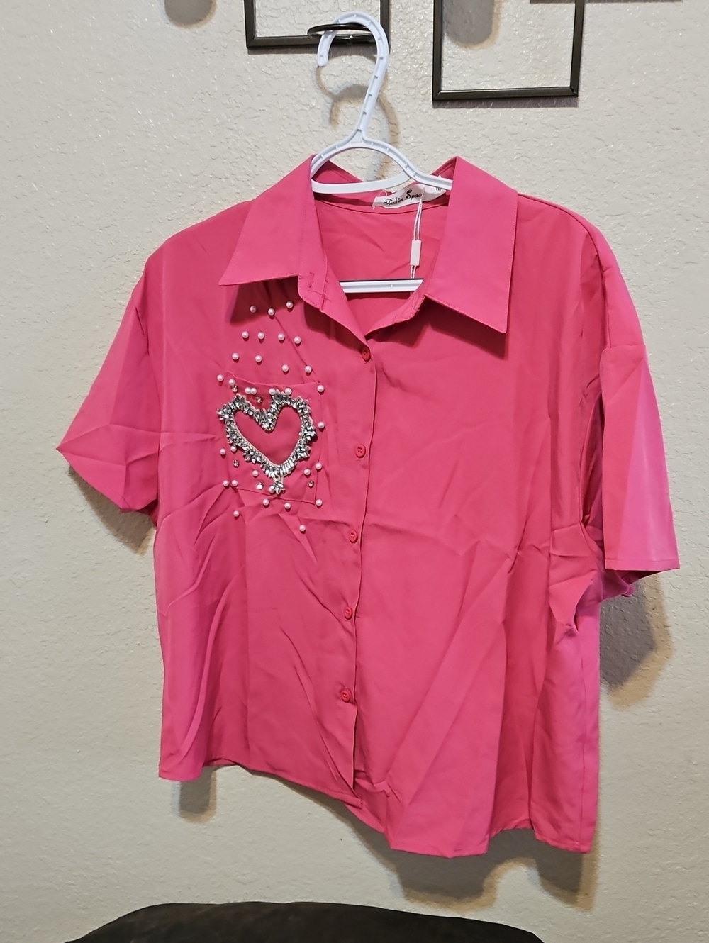 Women's Pink Short-Sleeve Button-Down Shirt with Embellished Heart